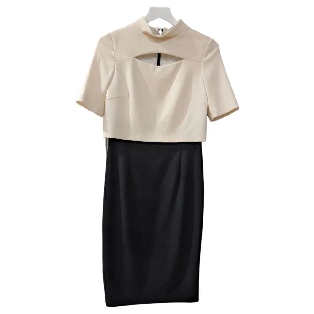 ESCADA Women's Virgin Wool Textured Block Cream & Black Sheath Dress Size 34
